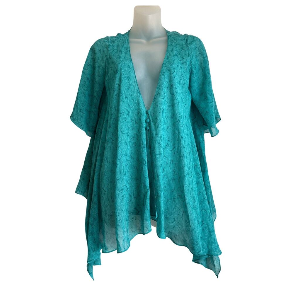 Vintage Sheer Silk Top Size S‎ Teal Paisley Flutter Sleeve Fairy Flowy Ballerina